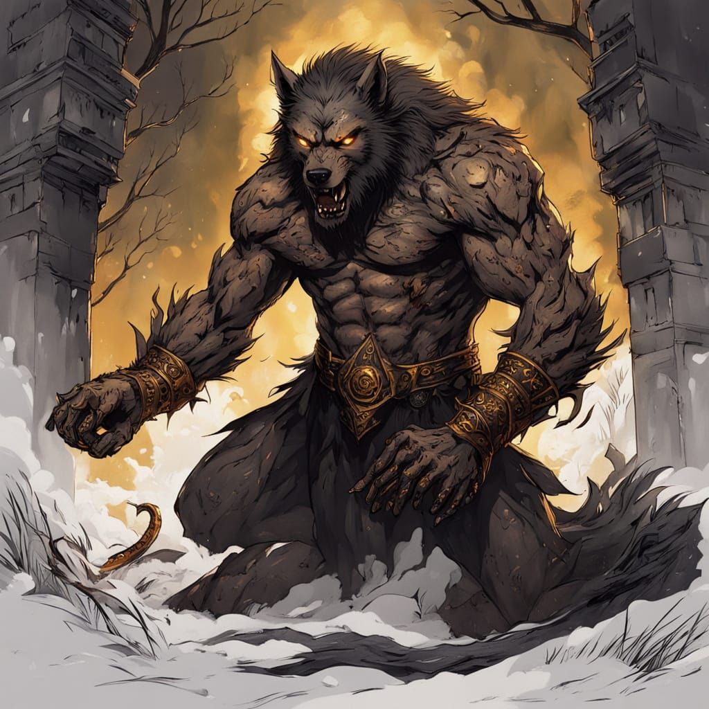 Epic Fantasy Illustration: Werewolf Before the Witch of Ash