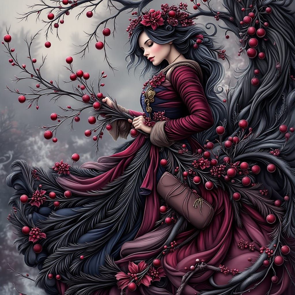 Gothic Maiden in Golden Snowfall with Cherry Blossoms