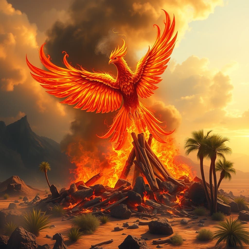 Phoenix Reborn from Ashes in Desert Oasis