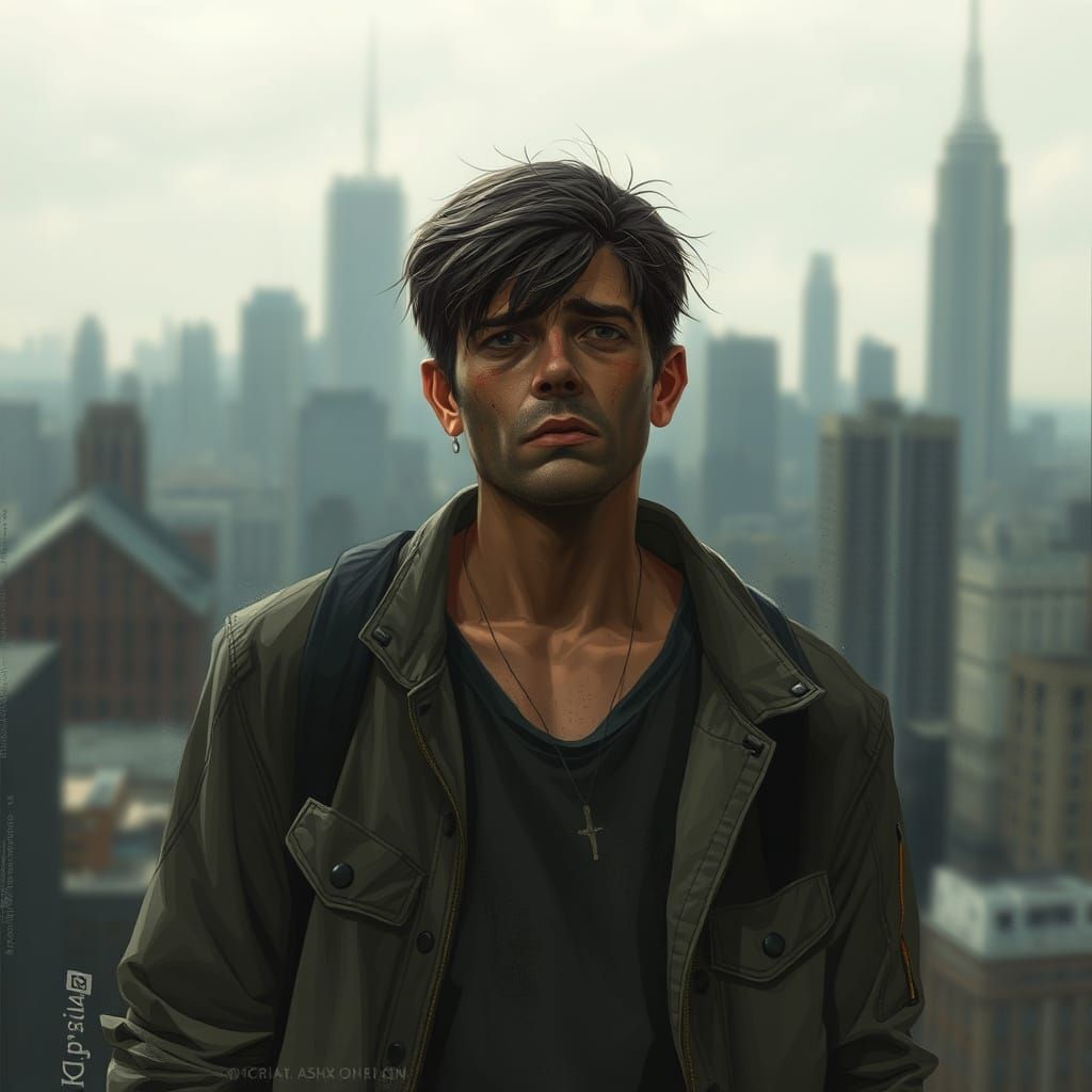 Distressed Figure in a Gritty Cityscape