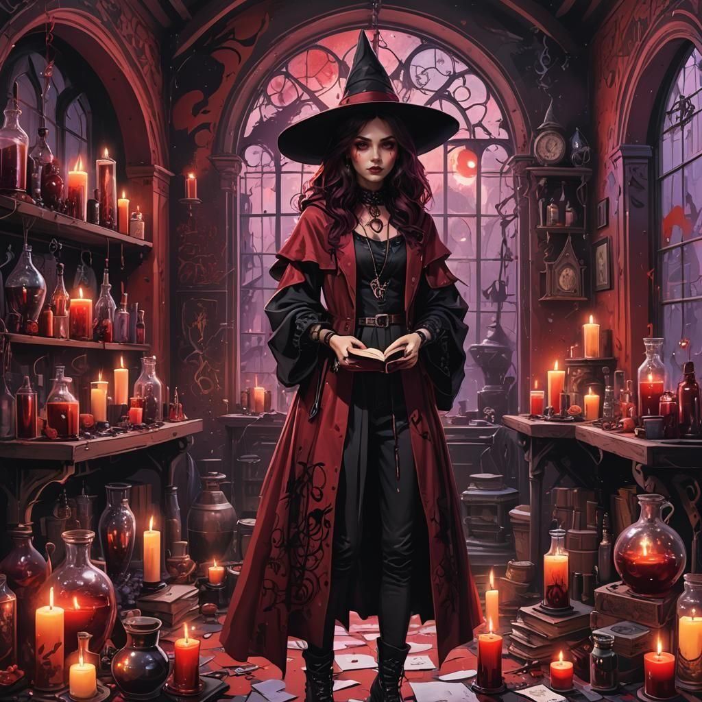 Young Witch in Gothic Room, Graffiti Art Style