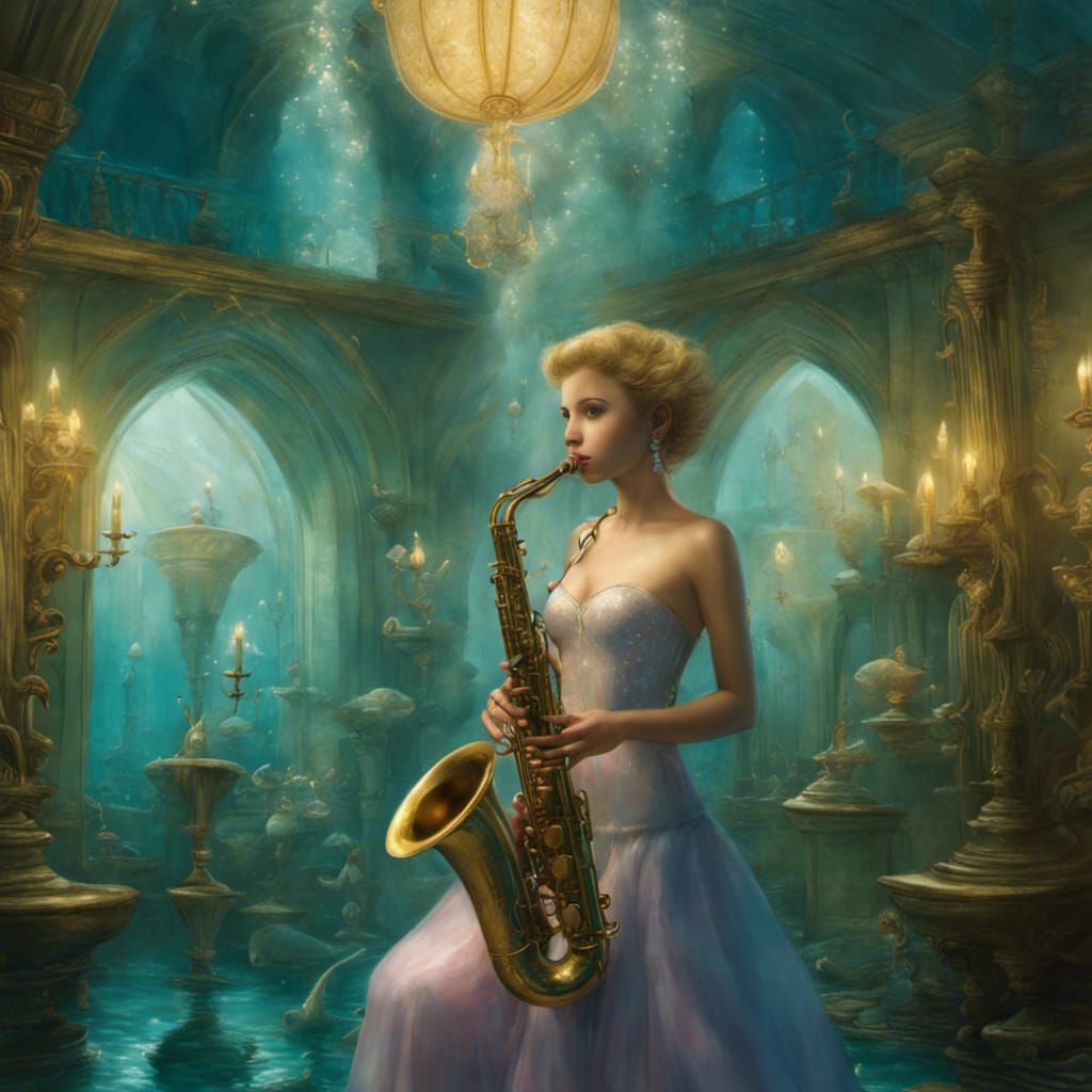 Mermaid Princess Plays Saxophone in Underwater Castle