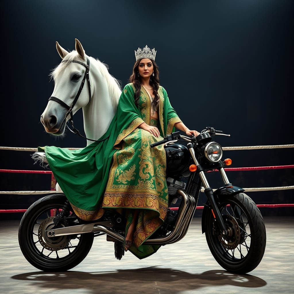Elegant Princess Rides Majestic Horse in Boxing Ring