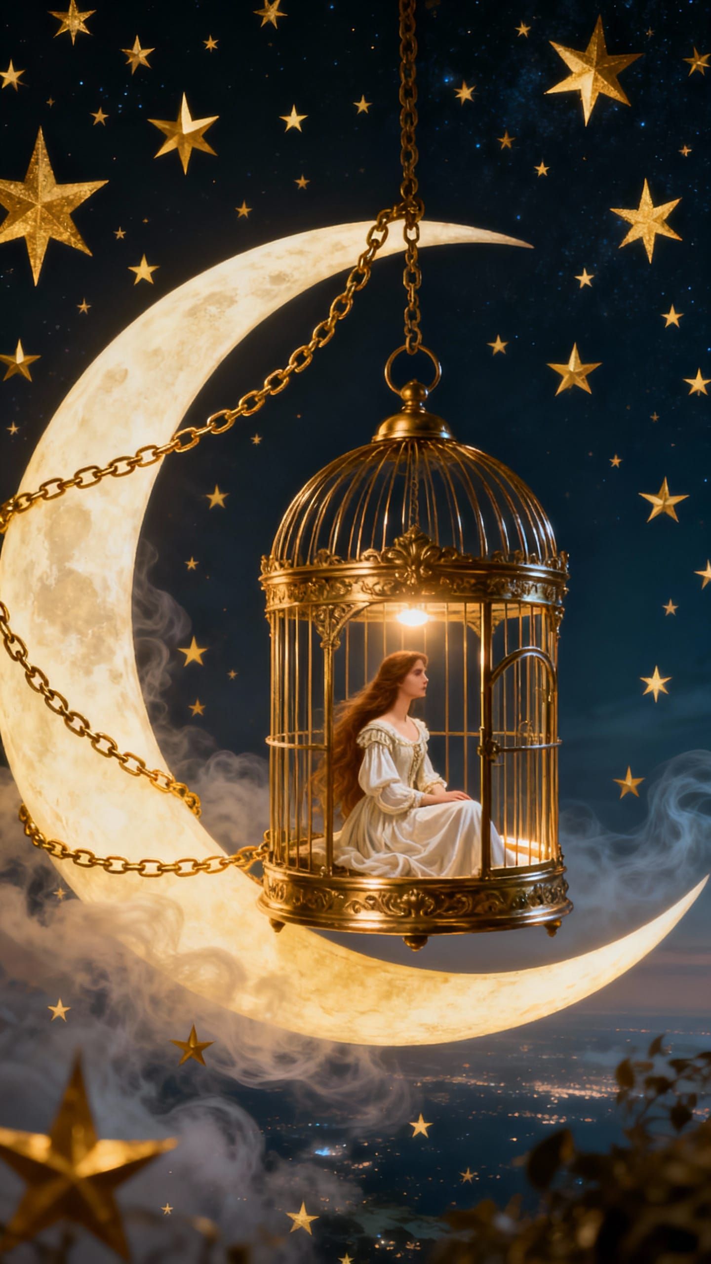 Large, ornate birdcage made of gold & brass on the moon.🌜⭐️