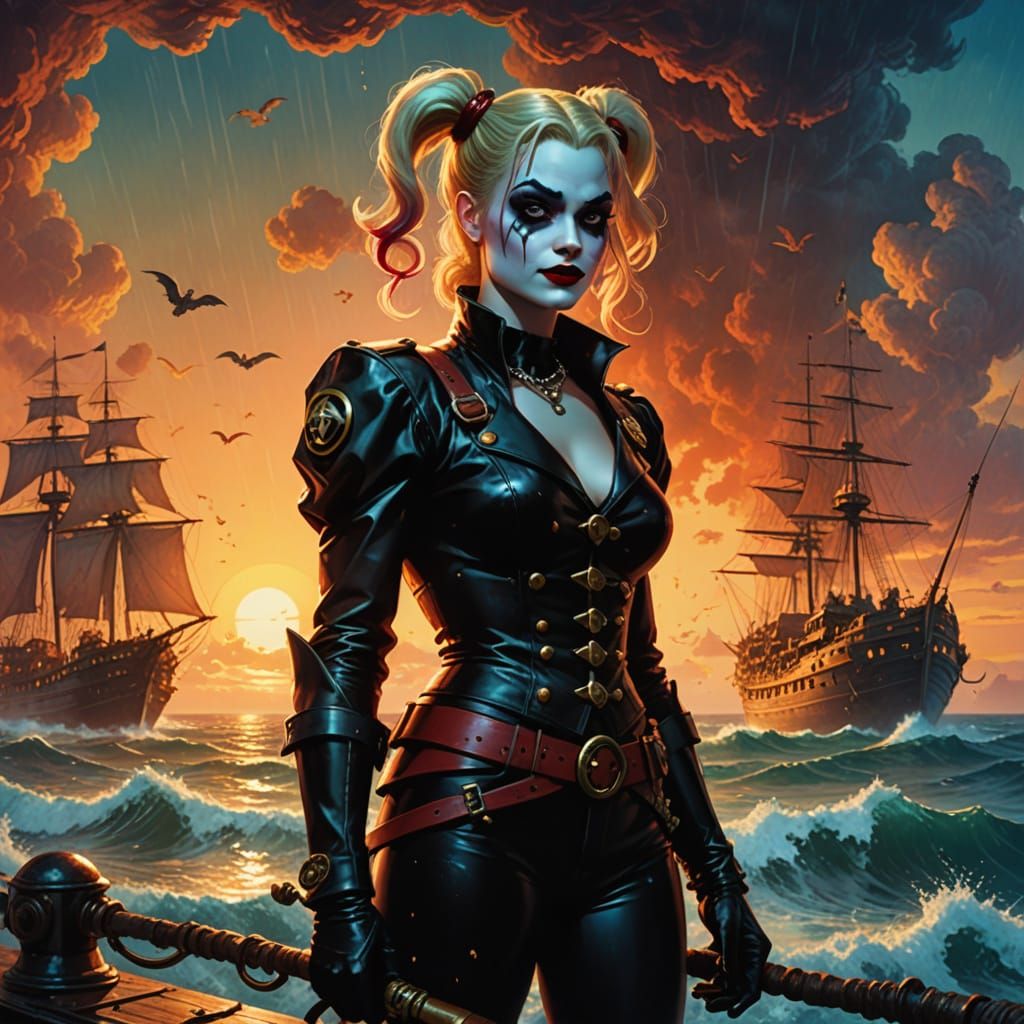 Harley Quinn Pirate Ship in Film Noir Style