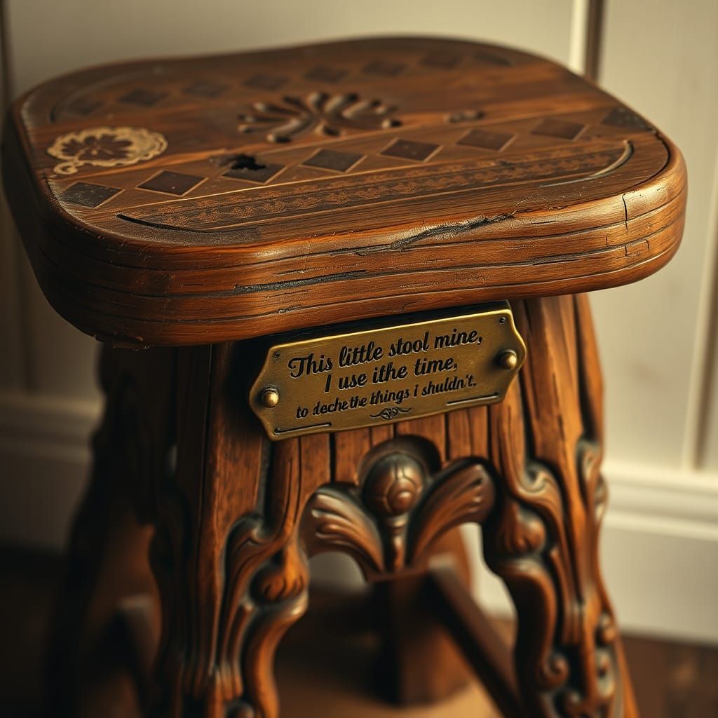 Whimsical Wooden Stool with Folk-Art Inscription