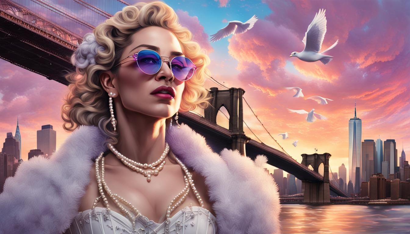 Madonna Portrait with Rainbow Sky, Hyperdetailed Digital Art