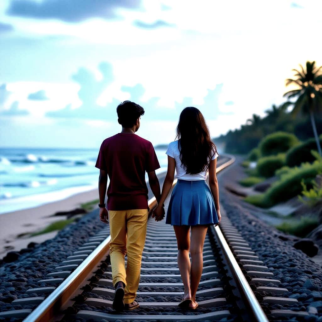 Couple Walks Sri Lankan Coastal Railway at Dusk