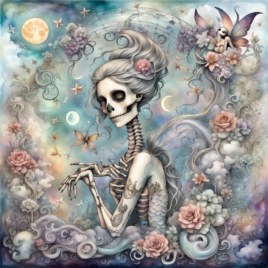 Iridescent Skeleton Mermaid in Watercolor Style