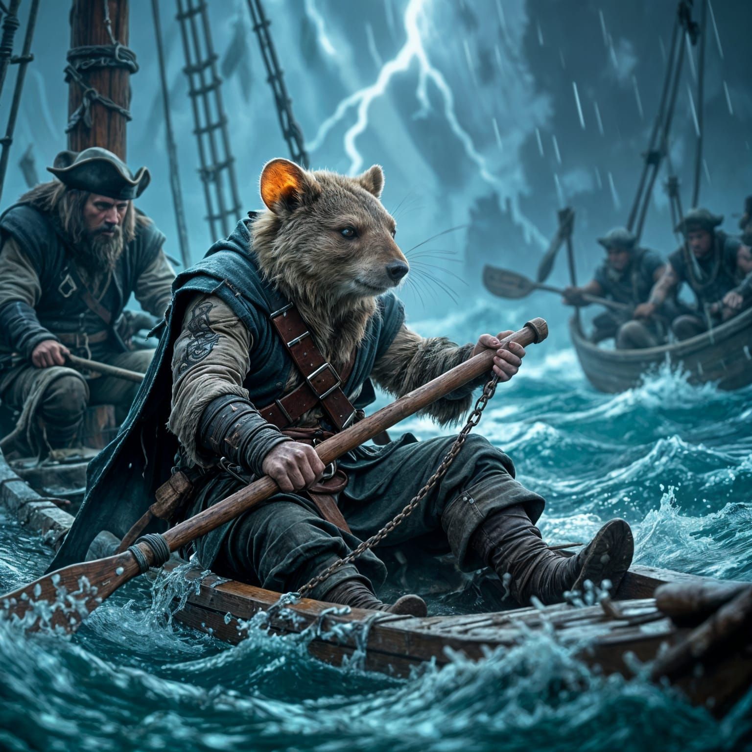 Mouse Enslaved on Pirate Bear Galley in Stormy Sea