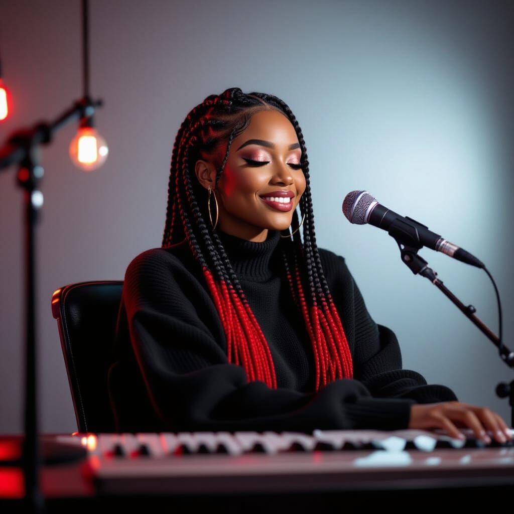 R&B Artist With Red-Tipped Braids in Dim Studio