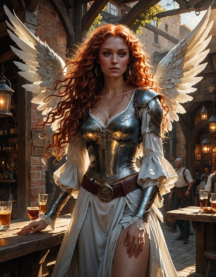 Medieval Angel with White Wings in Sunlight