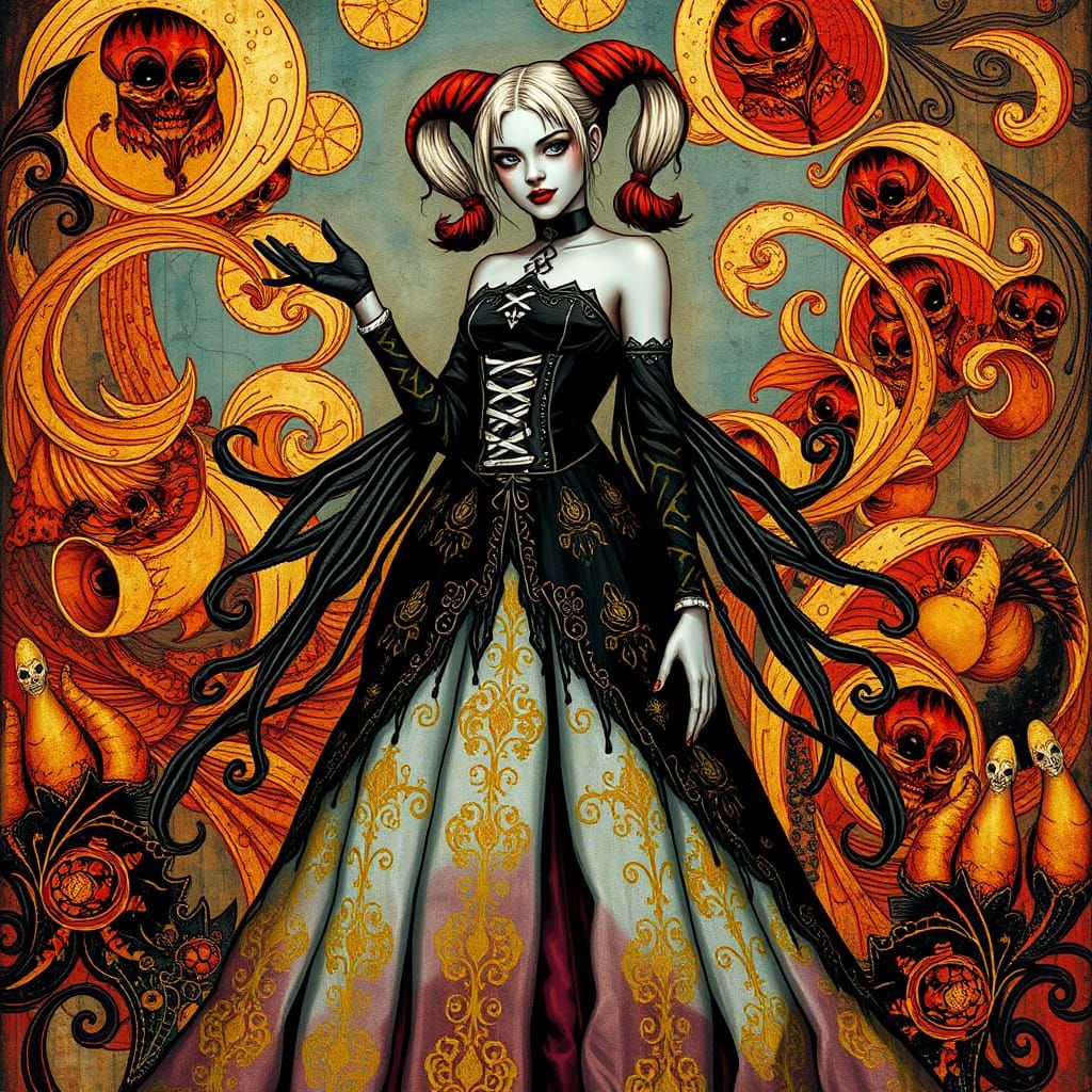 Harley Quinn in Gothic Dress, Klimt-Inspired Art Nouveau