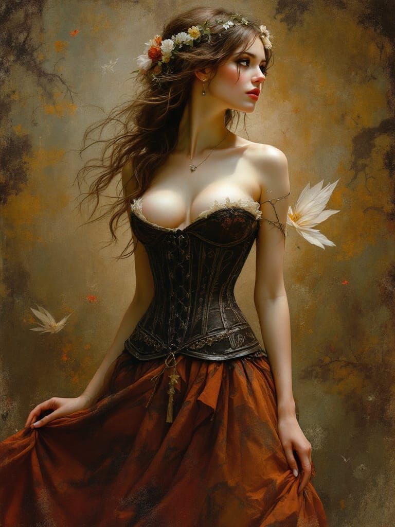 Pin-Up Woman with Flower Crown and White Wings