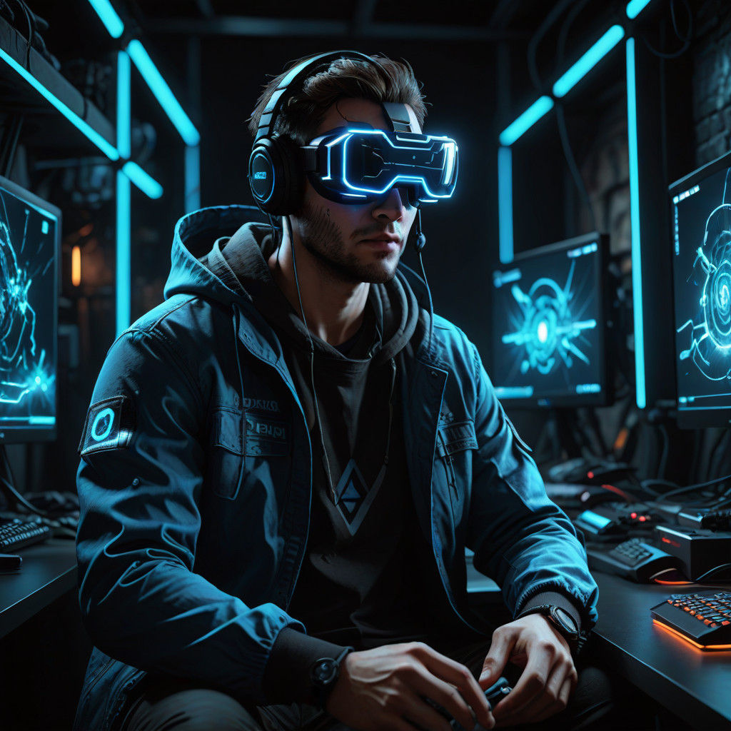 Epic Virtual Reality Gamer in Neon-Lit Room