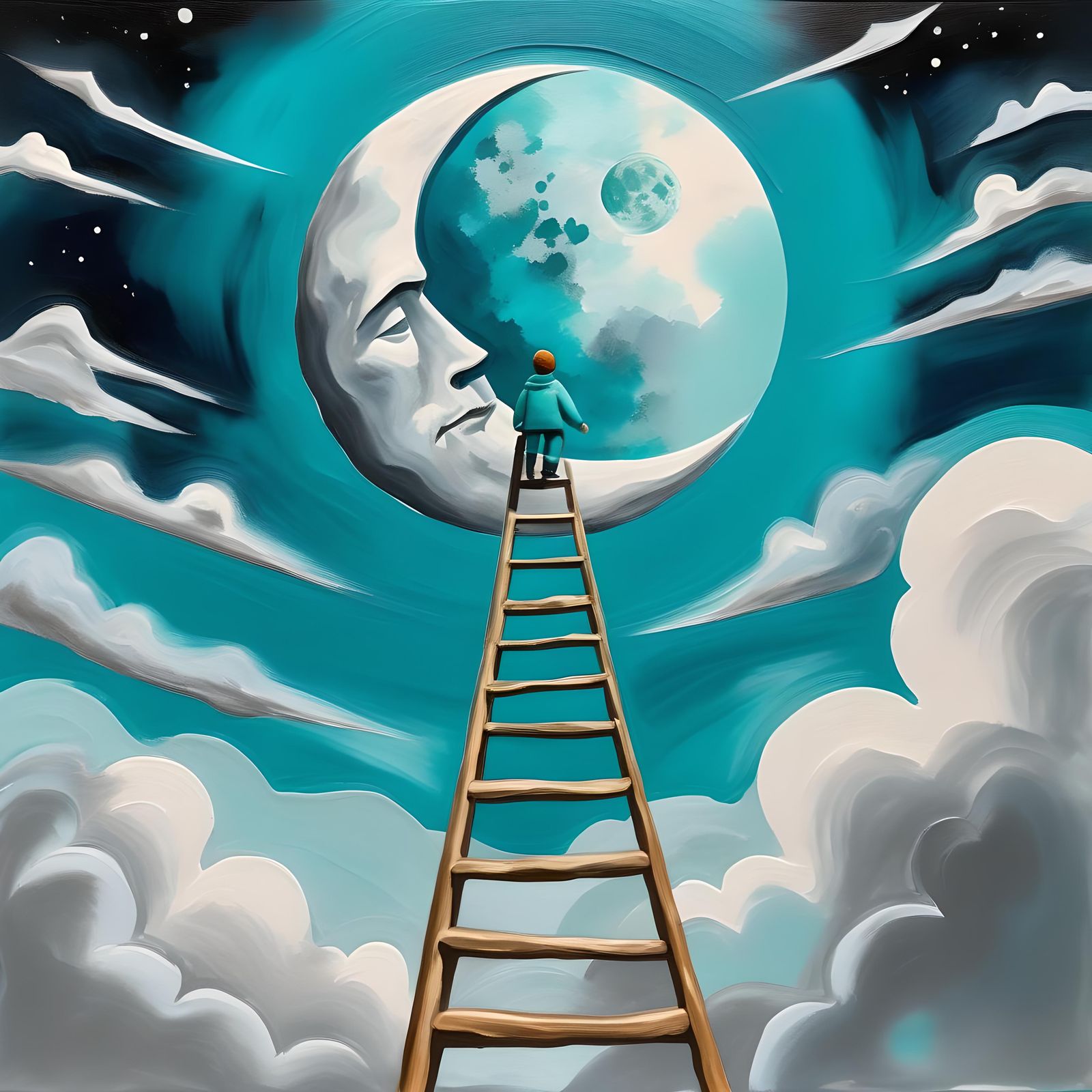 Toddler's Dream: Ladder to the Moon in Gouache Style