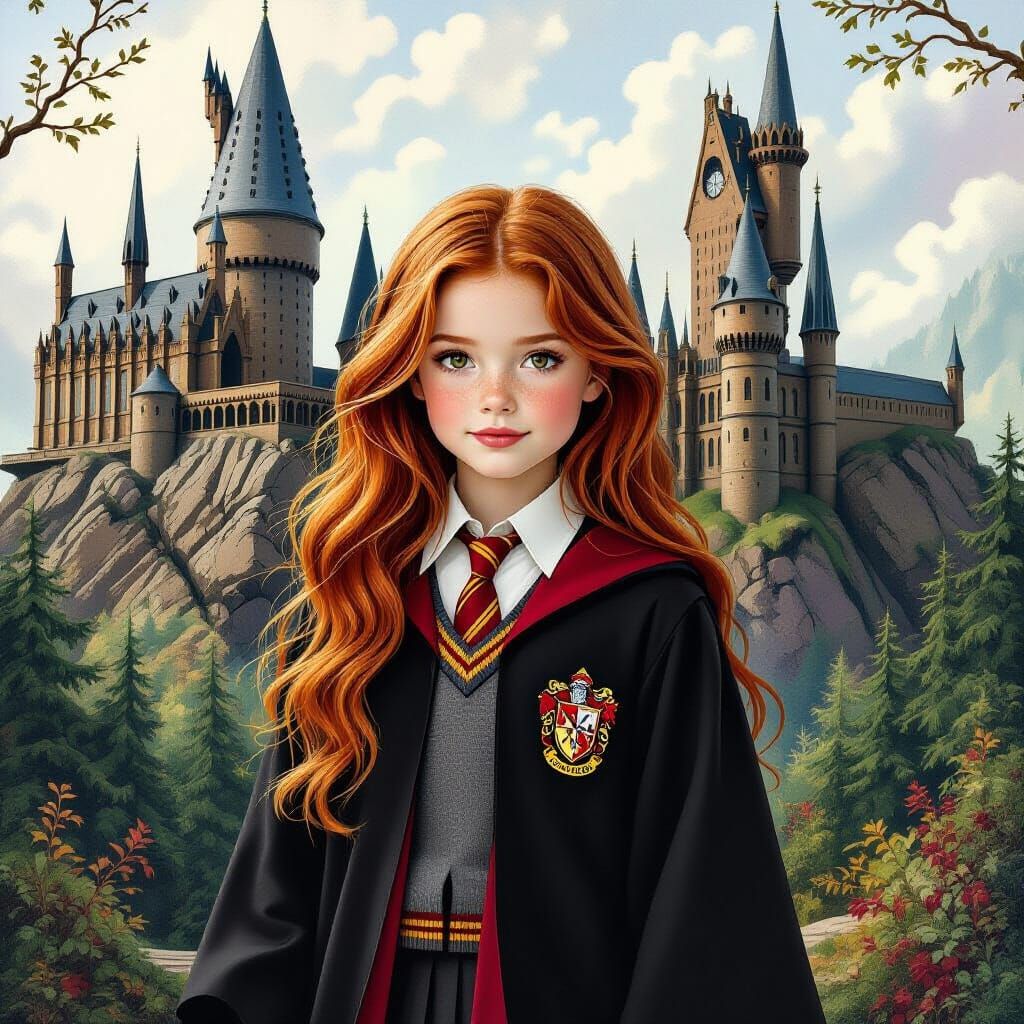 Girl in Gryffindor Robes at Hogwarts, Fantasy Art