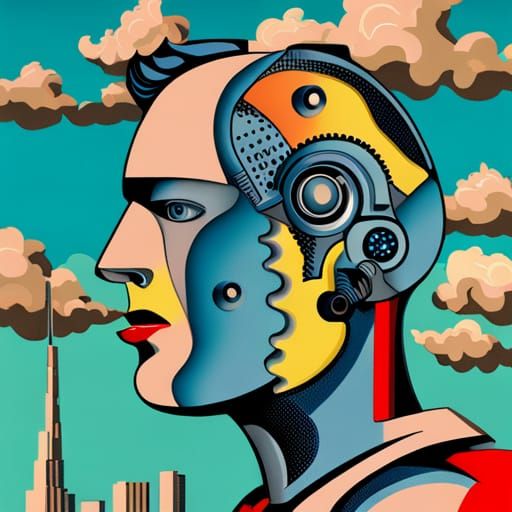 Cyborg Robot Portrait in Pop Art Style