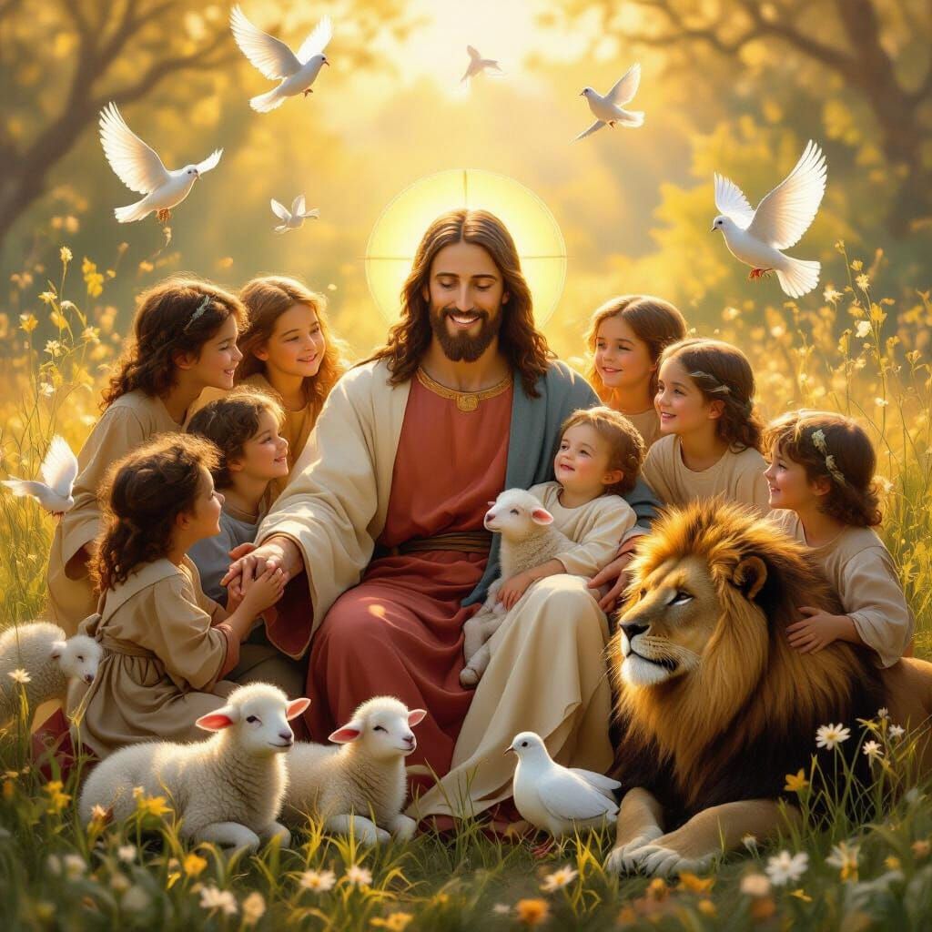 Jesus Christ With Joyful Children and Animals in Golden Ligh...