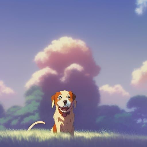 Happy Dog in Studio Ghibli Anime Style