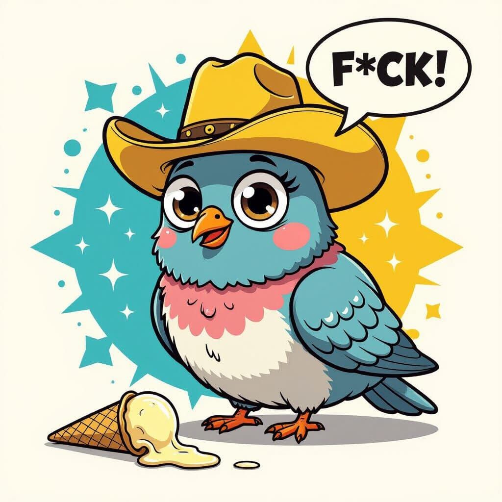 Round Cartoon Pigeon in Yellow Cowboy Hat