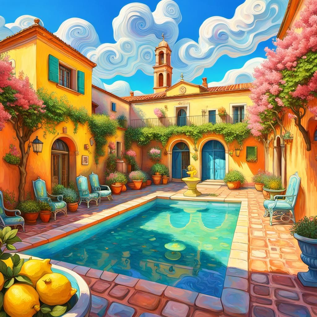 Italian Courtyard in Springtime, Candy Art Style