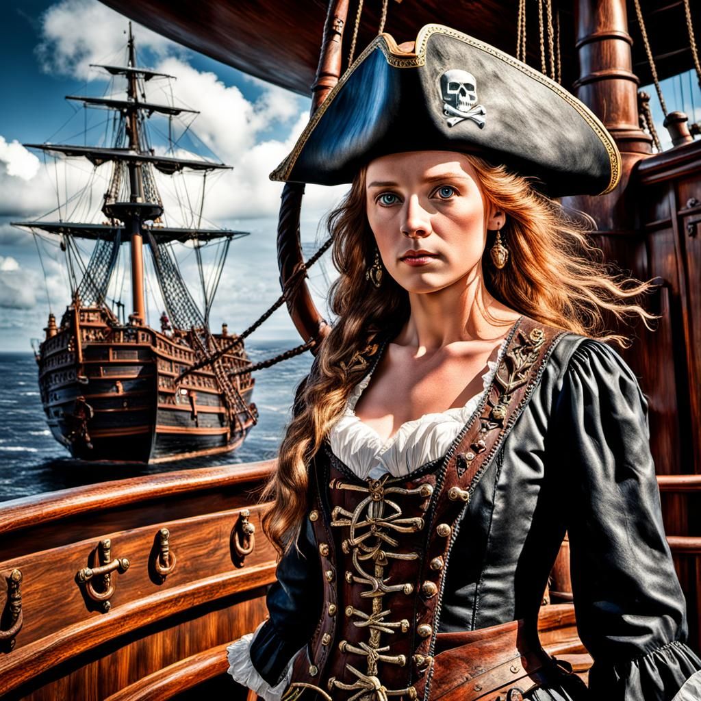 Pirate Captain on Ship Deck in Hyperrealistic Style