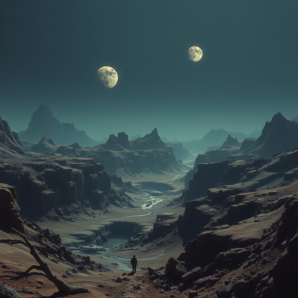 Barren, Arid Planet with Rugged Terrain and Twin Moons