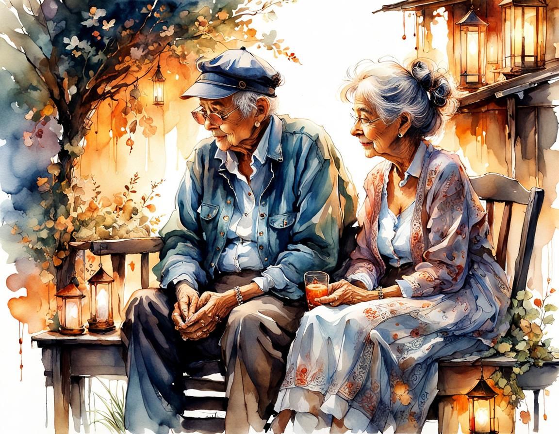 Romantic Old Couple Dinner: Watercolor Illustration