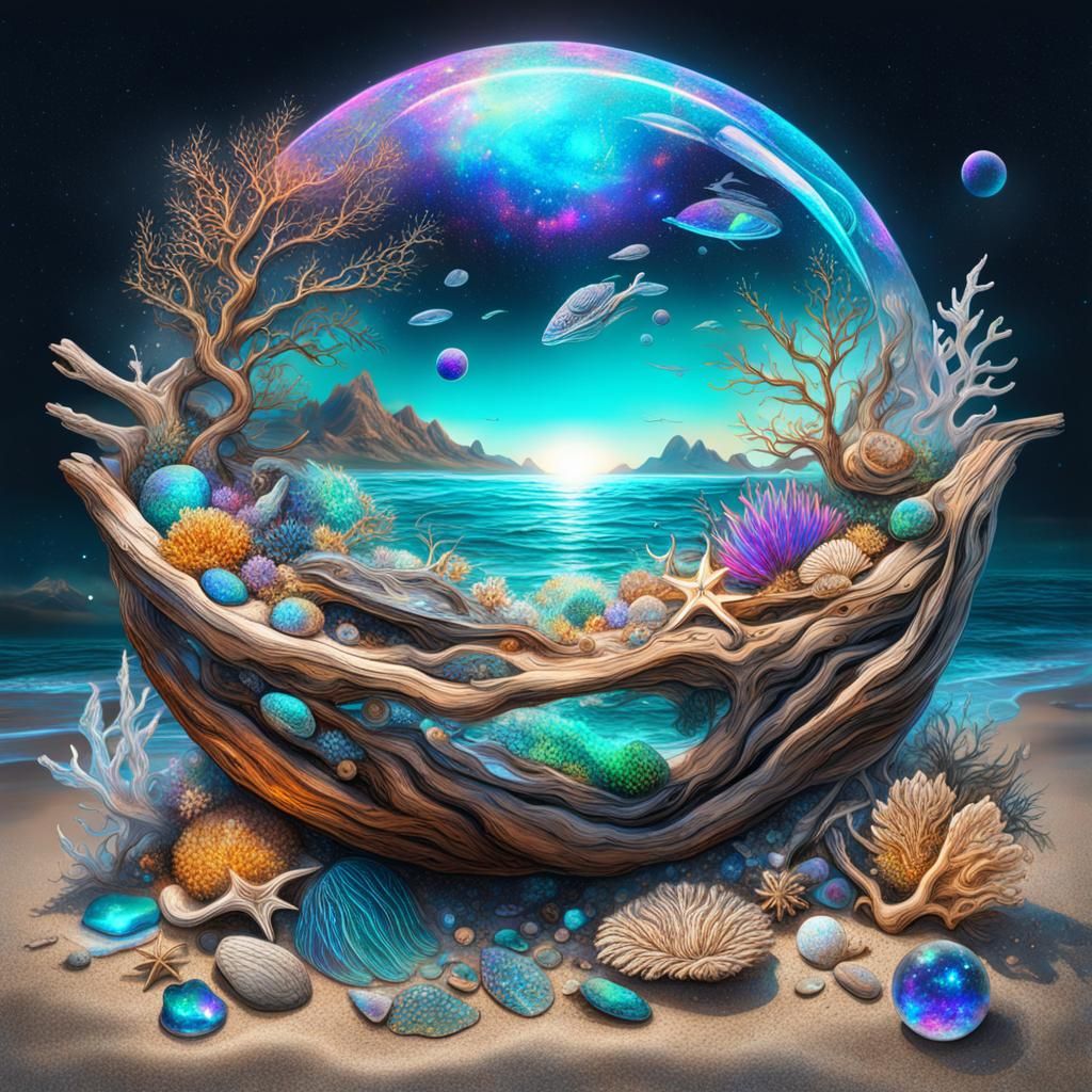 Treasures Washed Ashore: Cosmic Mixed Media Illustration