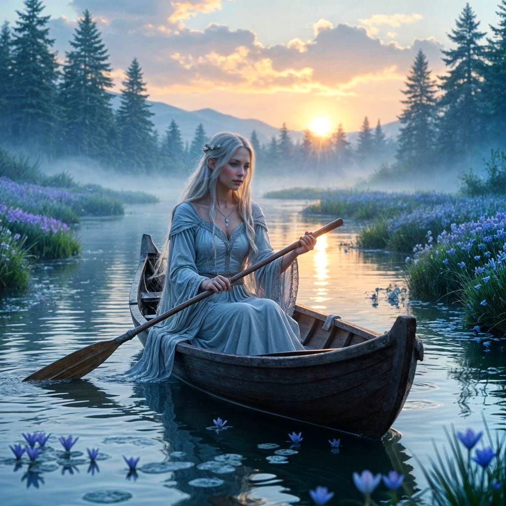 Spring River Dawn: Woman in Boat