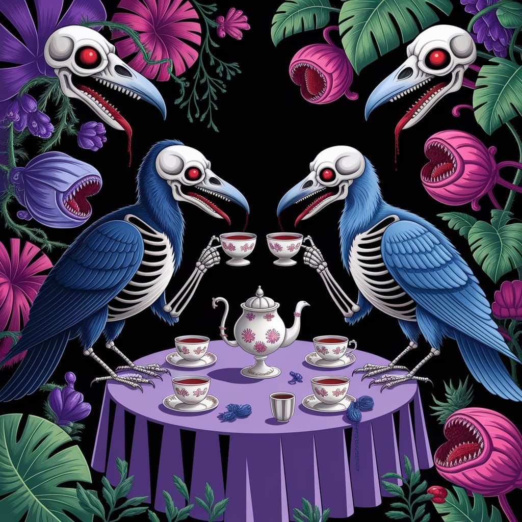 Gothic Horror Tea Party in a Vibrant Botanical Garden