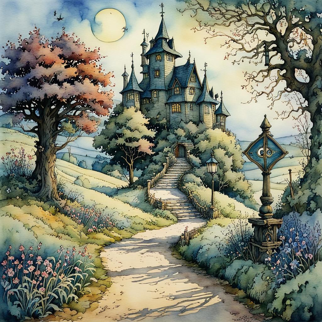 Enchanted Crossroads in Arthur Rackham Style