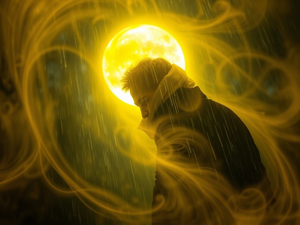 Ethereal Figure in Rainy Night Fog, Surreal Art