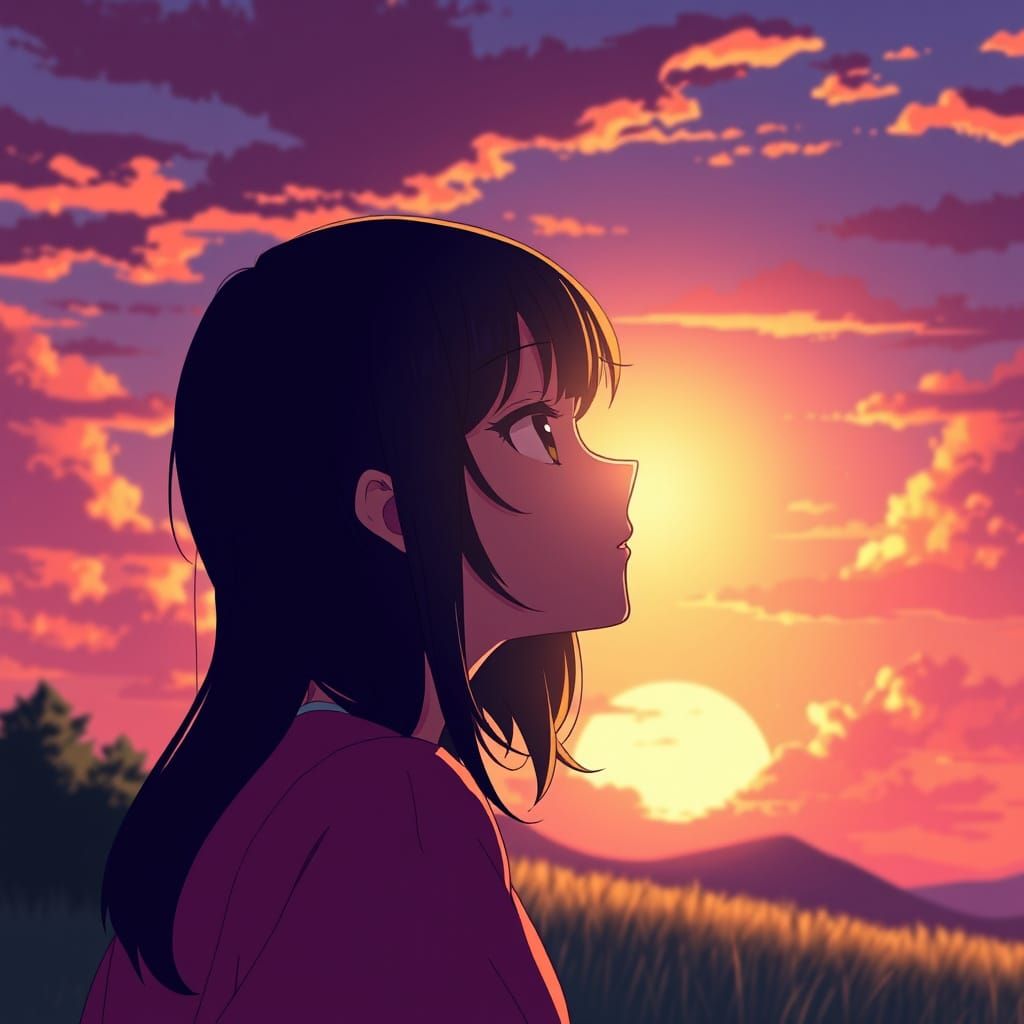 Anime Girl Gazing at Vibrant Sunrise in Serene Landscape