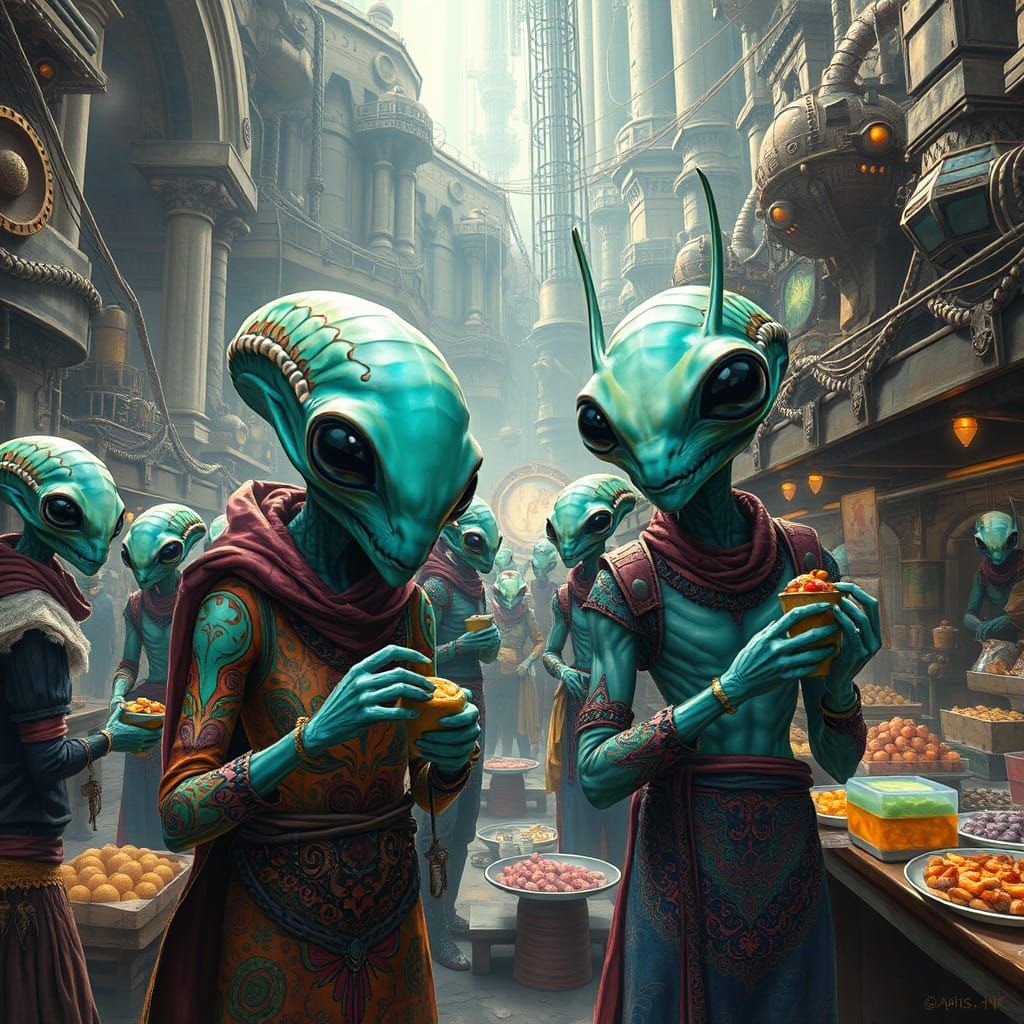 Alien Marketplace with Bioluminescent Vendors as Matte Paint...