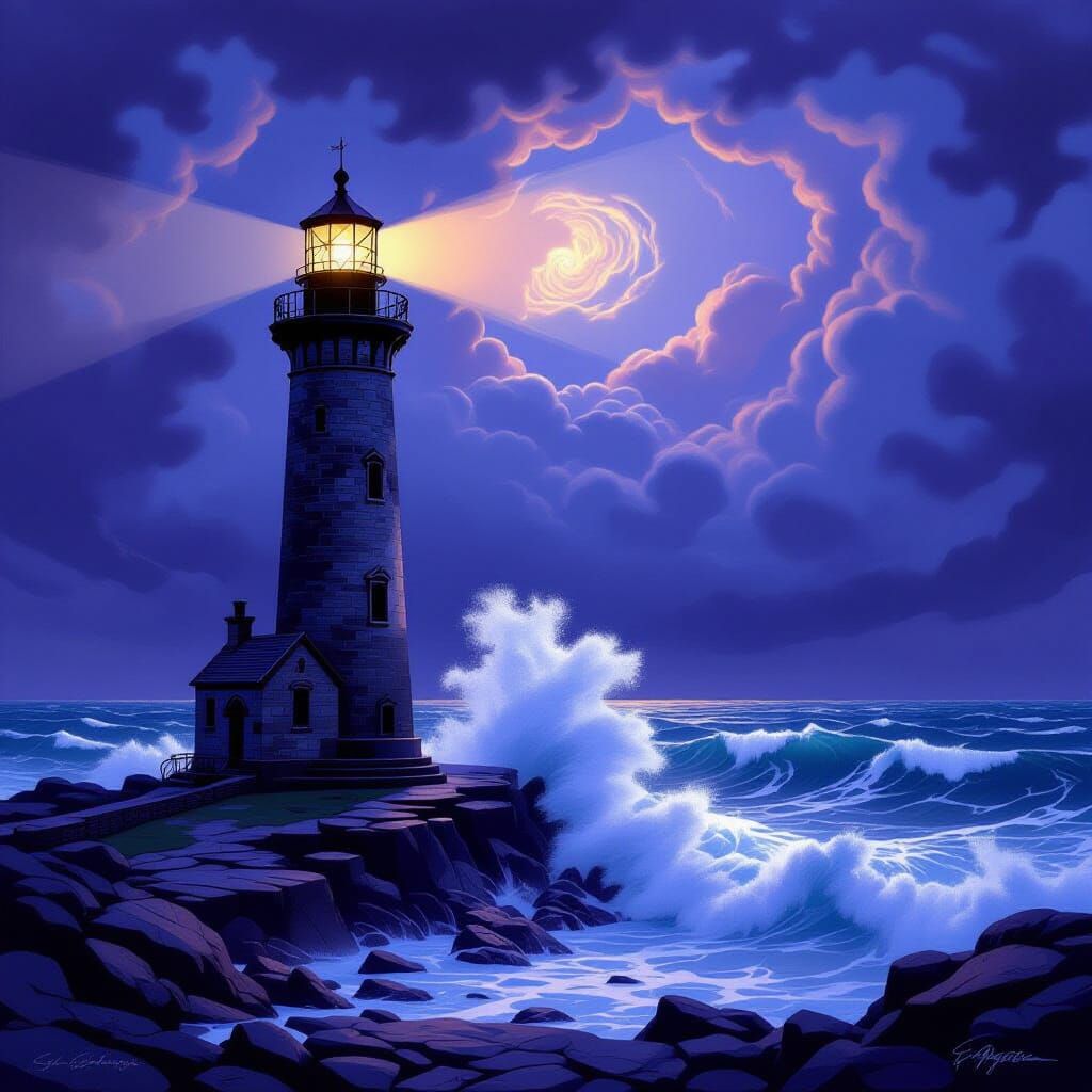 Lighthouse Beam Through Stormy Sky, Art Nouveau Elegance