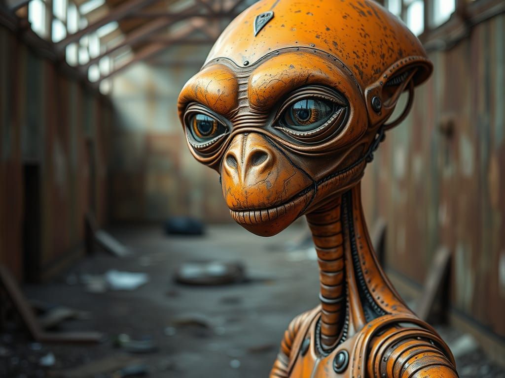 Hyperrealistic Portrait of an Offbeat Orange Metal Alien