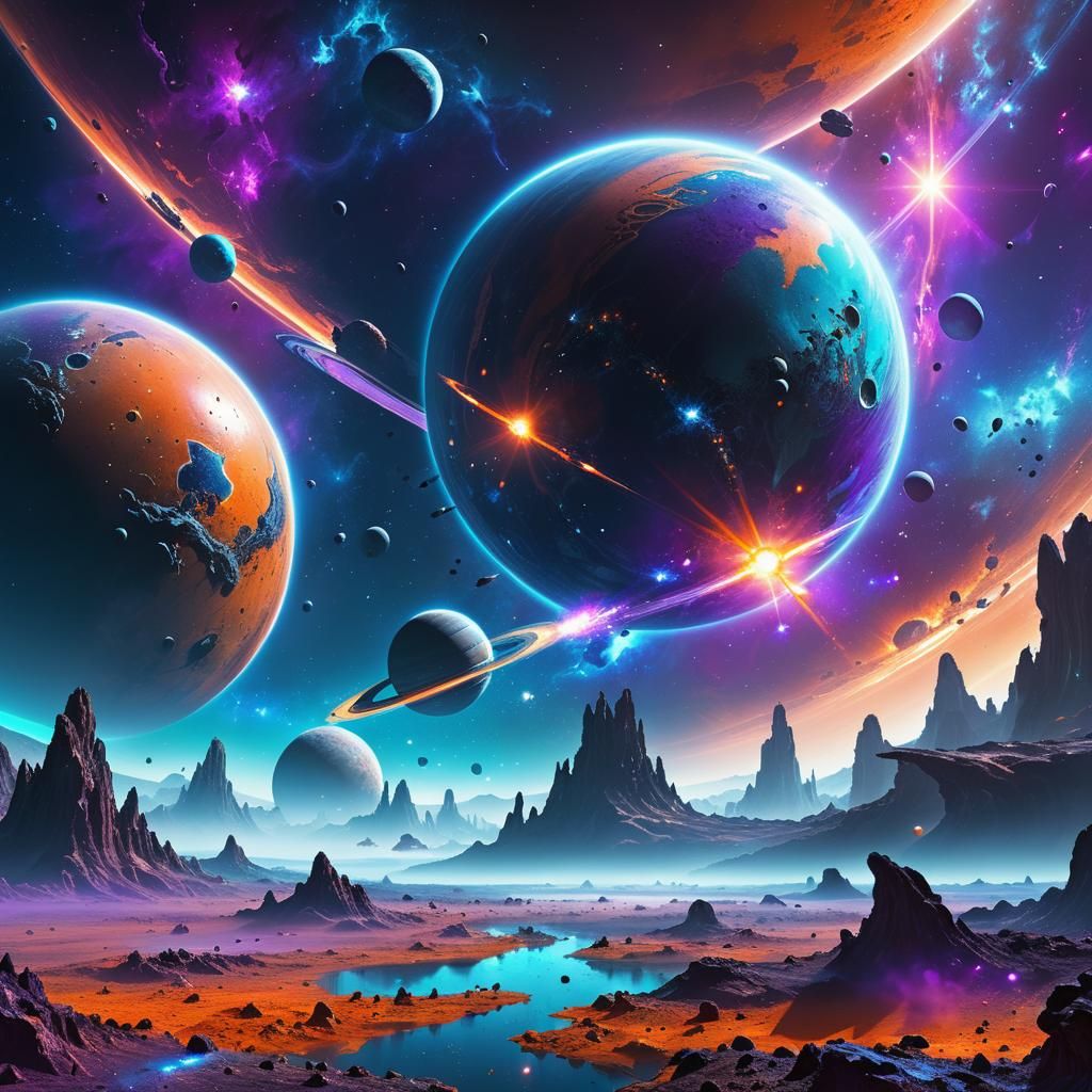 Alien Planet with Spaceships and Three Moons