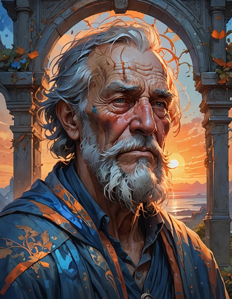 Crying Old Man Portrait in Watercolor Style