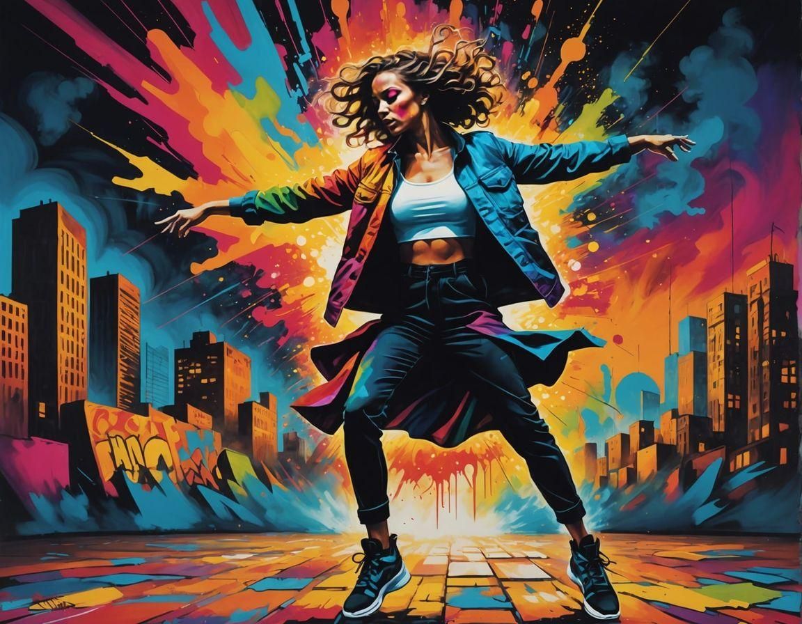 Energetic Dancer in Urban Color Explosion: Surrealist Style