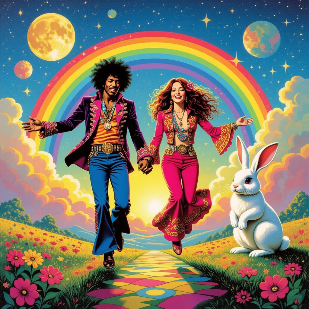 Jimi Hendrix and Janis Joplin Jumping Over Rainbow