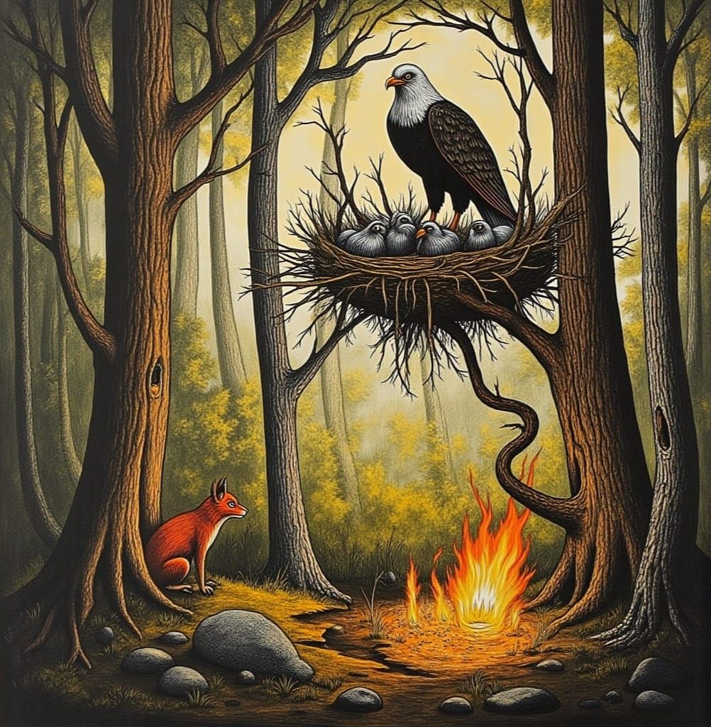 Eagle and Fox Confrontation in Fiery Forest