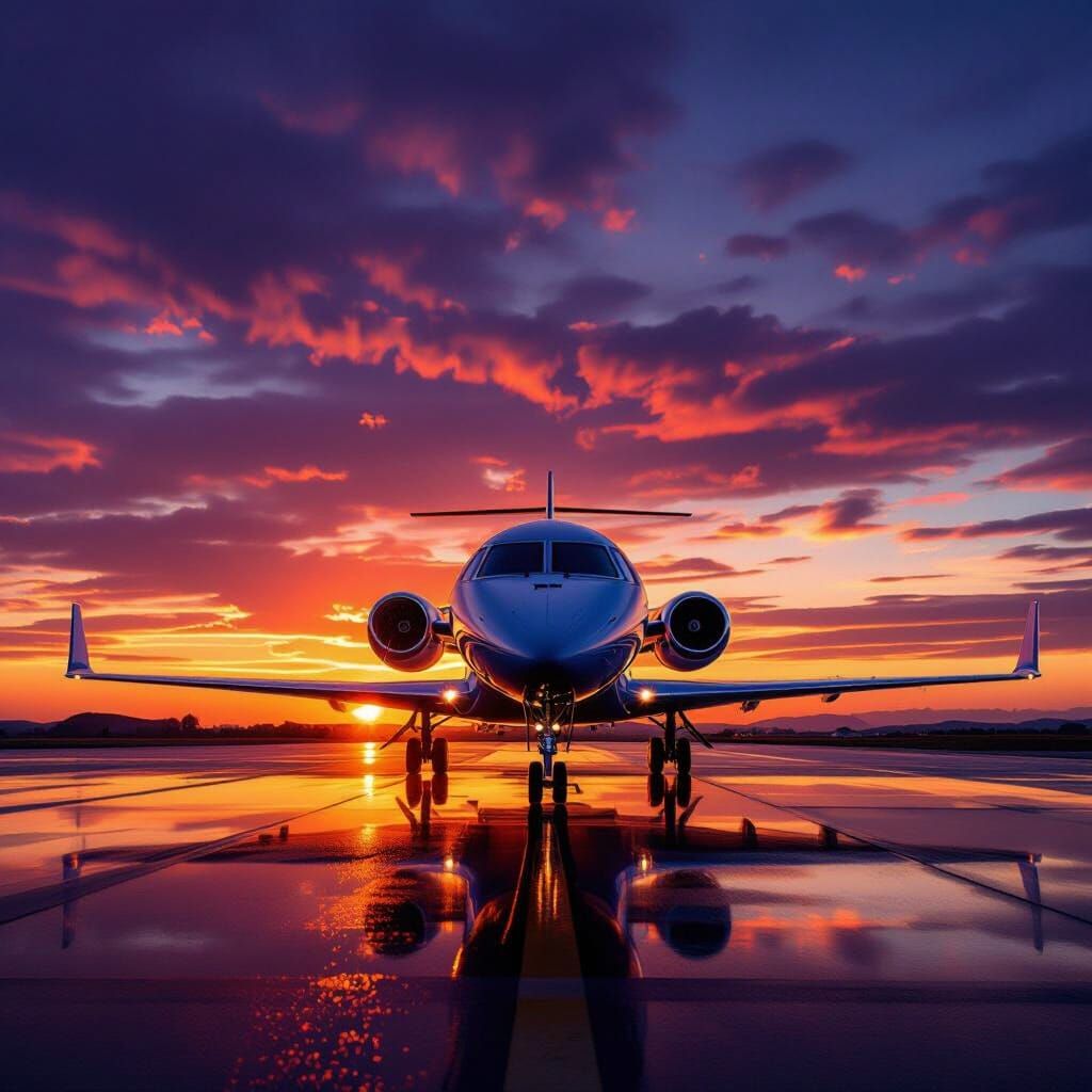 Private Jet Silhouetted Against Vivid Sunset Sky