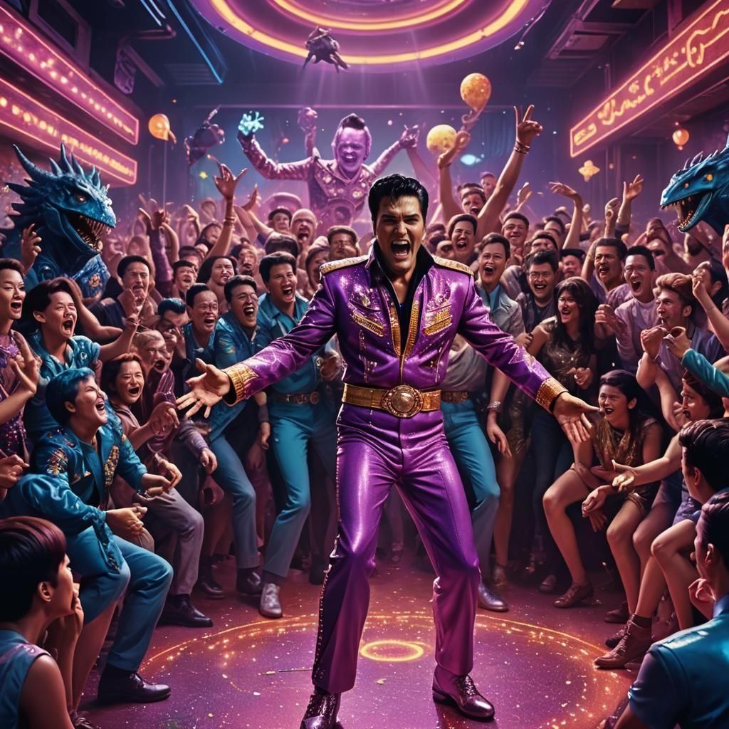 Angry Elvis Impersonator on Stage with Alien Audience