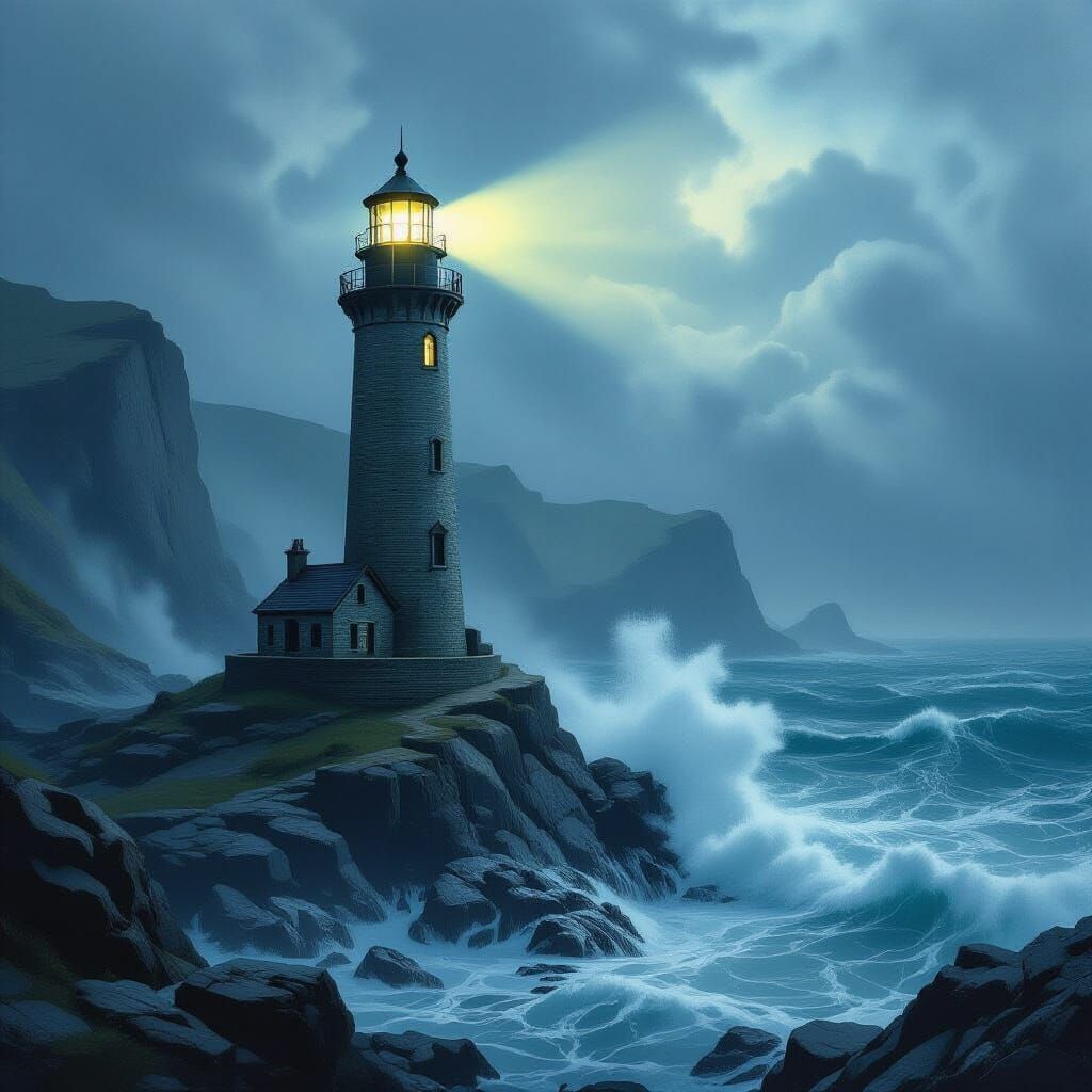 Stormy Lighthouse on Jagged Cliffs in Dark Fantasy Style