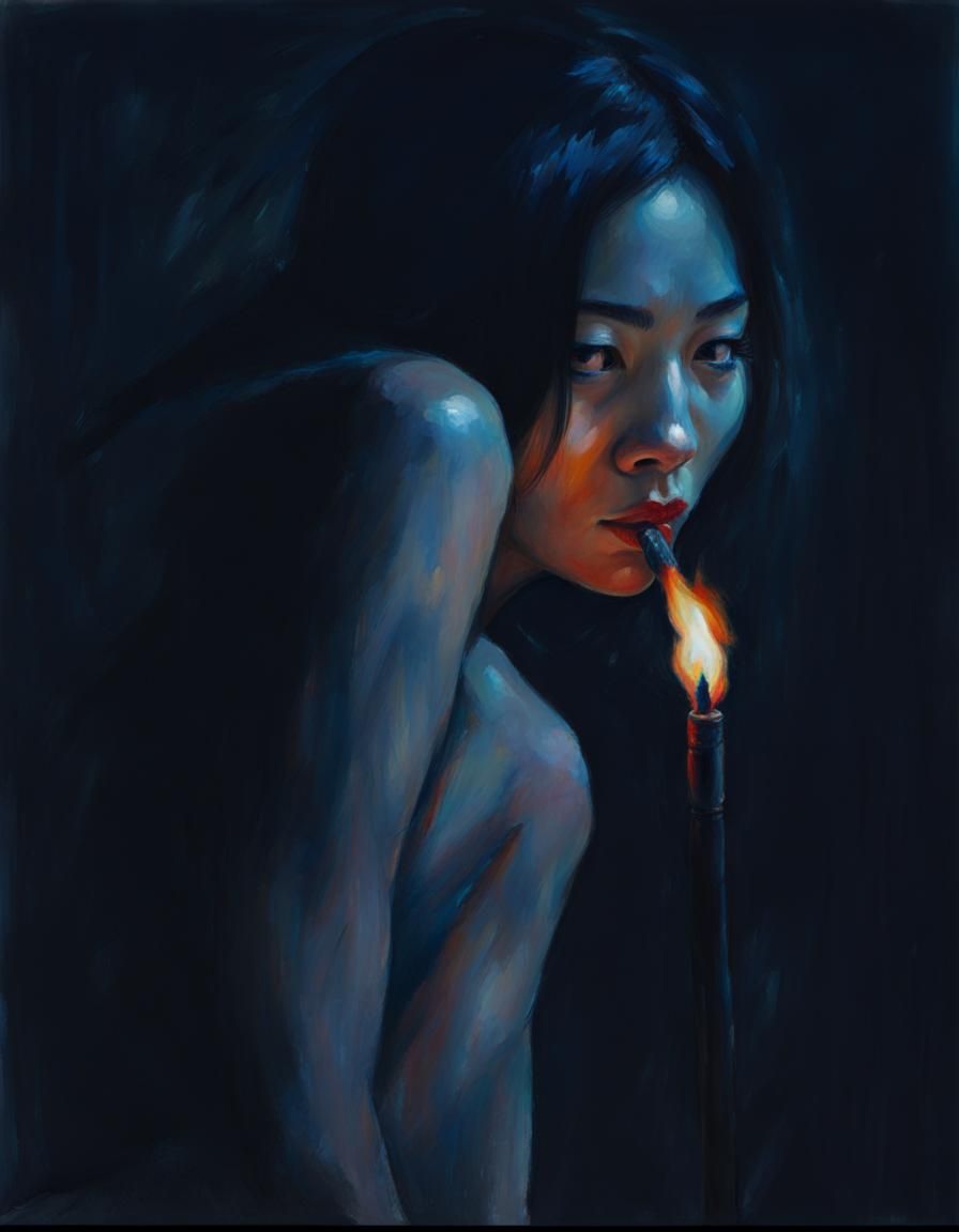 Asian Woman with Burning Stick in Gouache Style