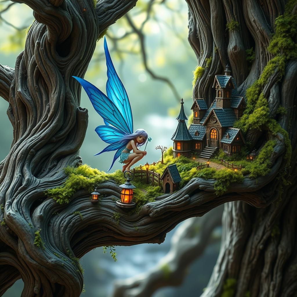 Fairy Carving Miniature Village in Mystical Tree