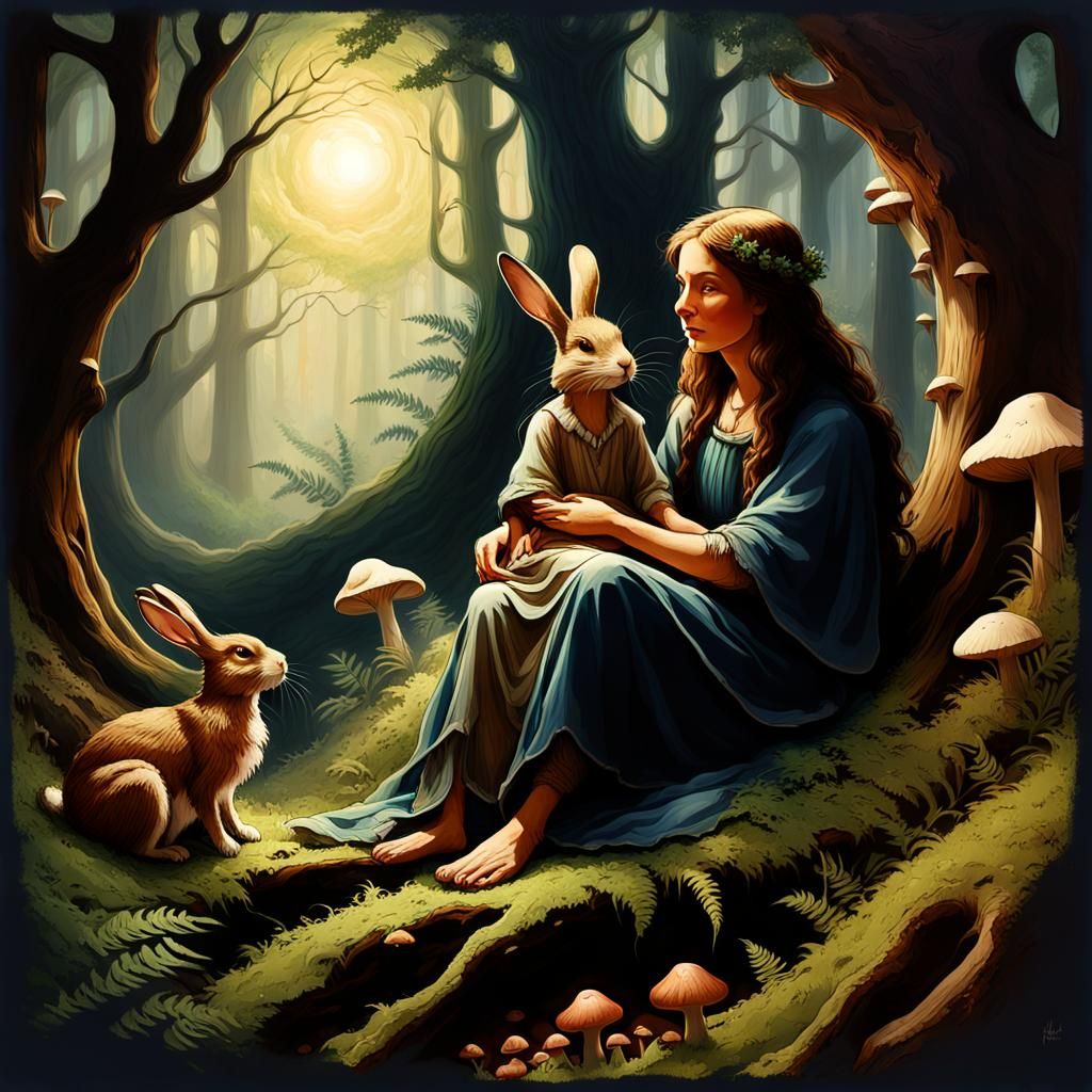 Regal Mother and Child in Enchanted Forest