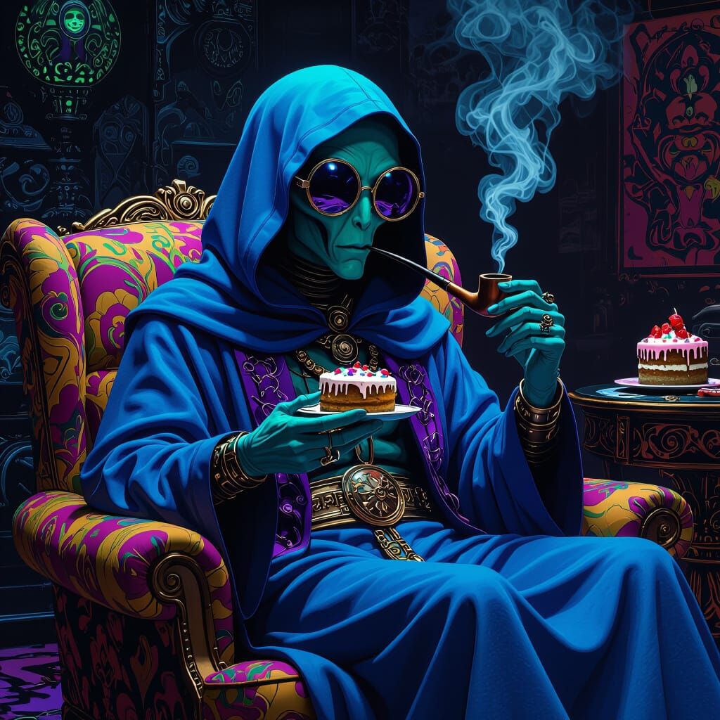 Hooded Alien in Psychedelic Room, Vintage Poster Style